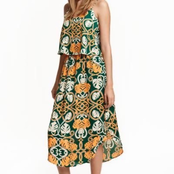 H&M Dresses Hm Tropical Monstera Palm Leaf Midi Dress Green Orange